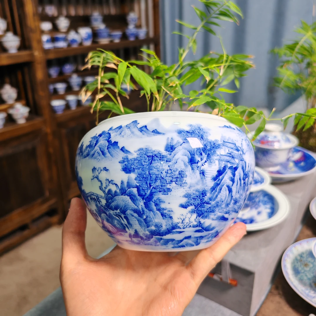 明逸堂手绘青花山水茶渣缸精工满绘建水茶缸书房茶器纯手工陶瓷