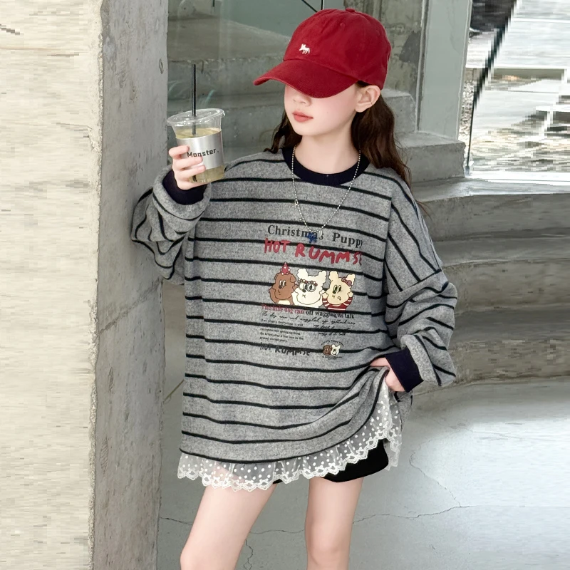 秋季女童卫衣2025新款秋装春秋款长袖卫衣儿童条纹宽松休闲上衣潮