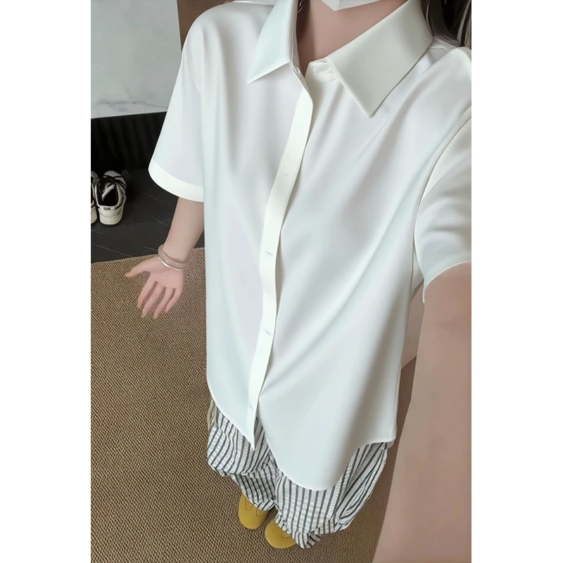 -EQME- 夏季冰丝cleanfit 垂感小众衬衣韩版休闲通勤翻领