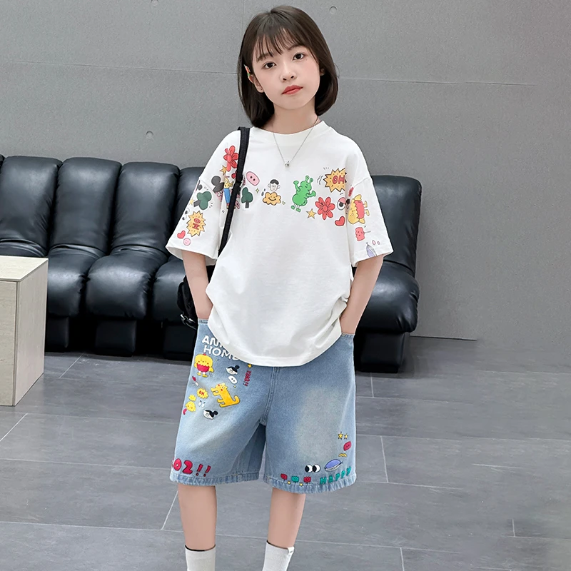 女童套装夏装6-12岁洋气中大童短袖T恤牛仔裤夏季女孩休闲两件套