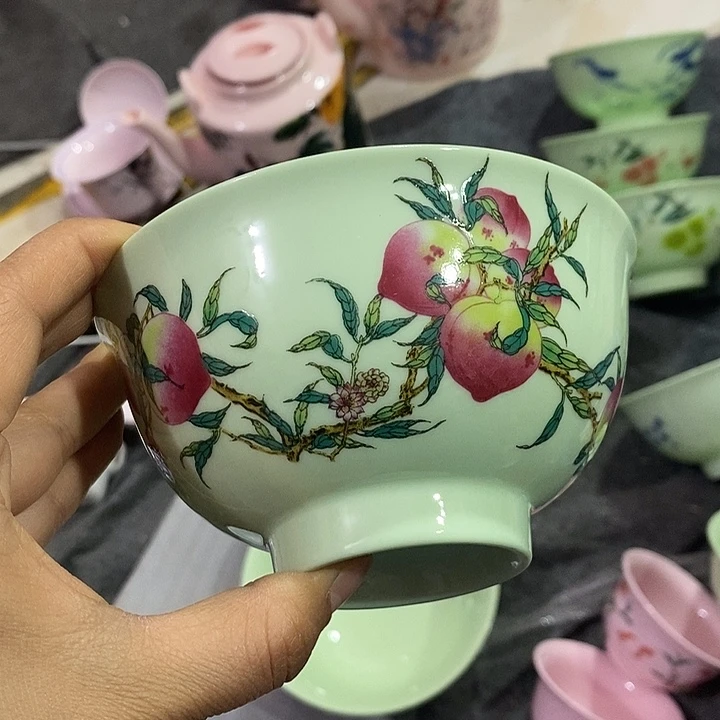 摆件陶5寸绿稀土寿桃碗