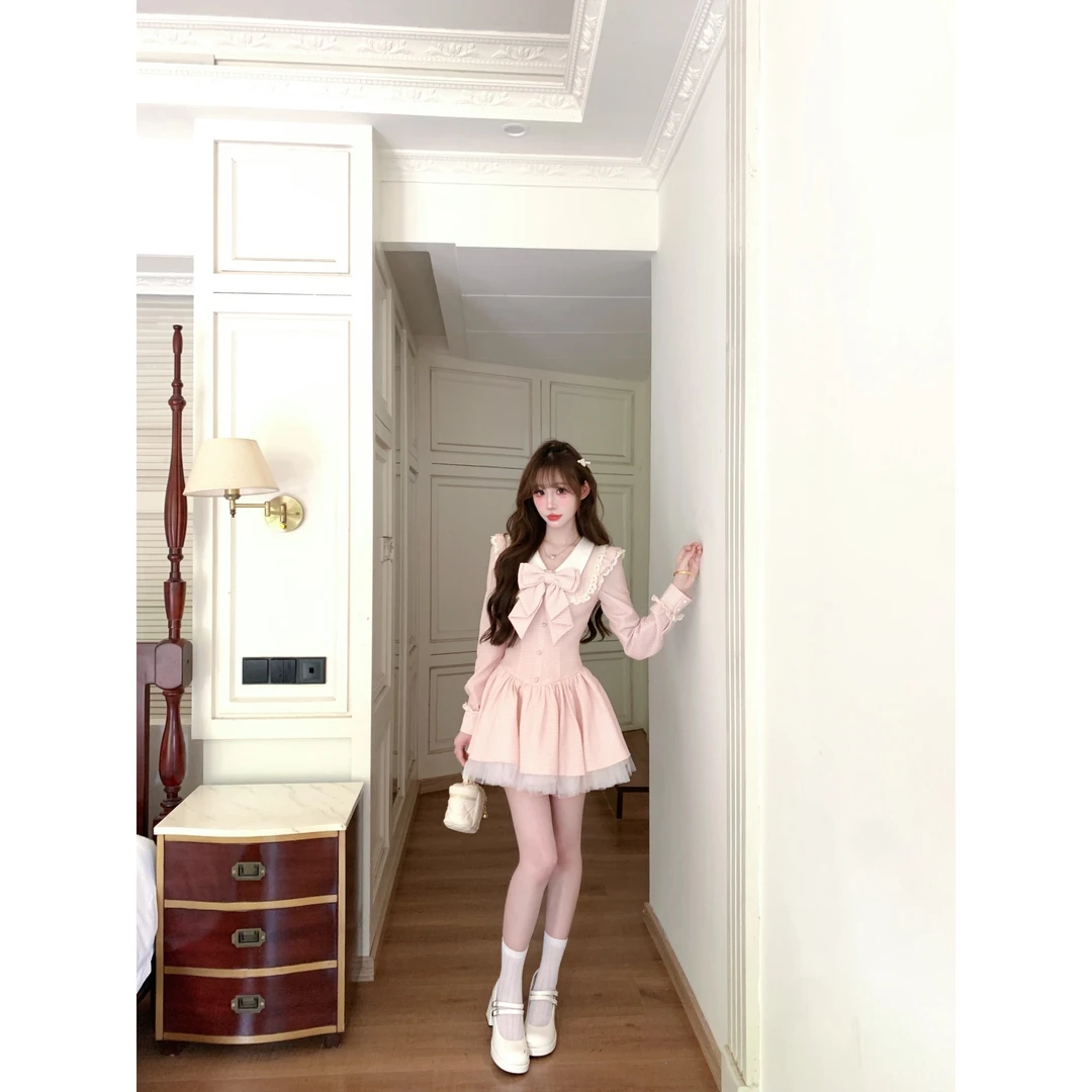越韩小鱼 甜桃气泡水 法式甜美纯欲蕾丝边蝴蝶结粉色公主连衣裙女