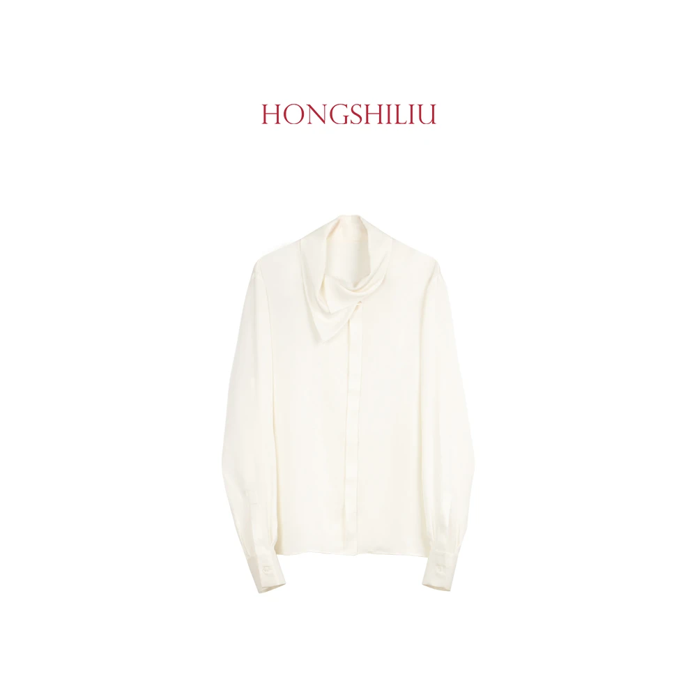 HONGSHILIU优雅叠领衬衫100%桑蚕丝