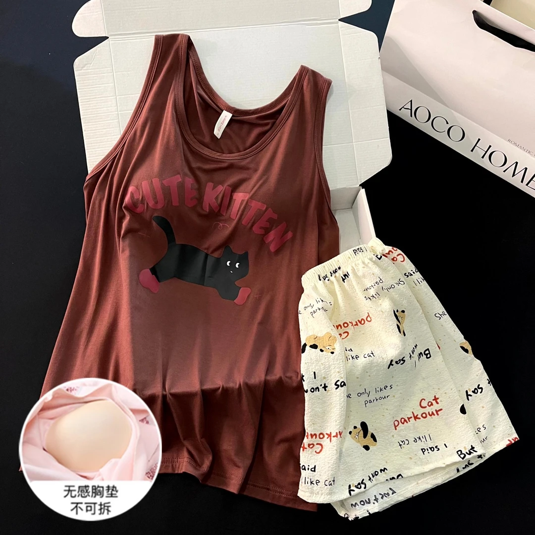 网红风休闲睡衣女夏季背心短裤大码凉感带胸垫卡通猫咪套装家居服