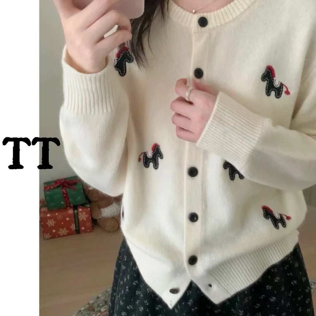【新年小马】复古风小马刺绣圆领针织开衫女秋冬宽松外套～6862