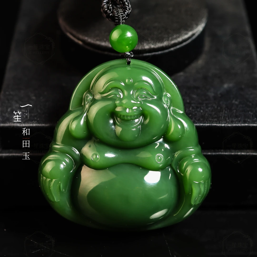 【一笙珠宝】天然和田玉俄7碧玉佛公吊坠裸石约50x40x12mm圆珠约8mm
