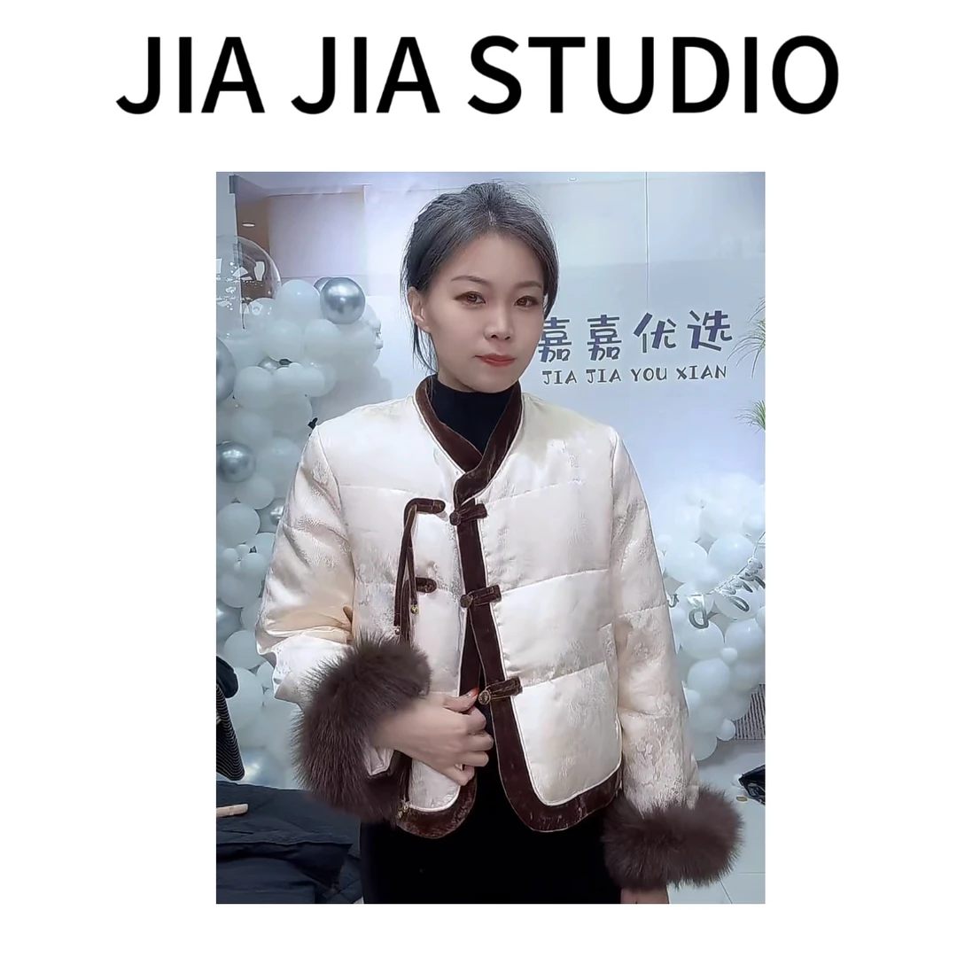 嘉嘉推荐#5306【秋冬加厚款】国风新中式流苏丝绒毛毛袖棉服