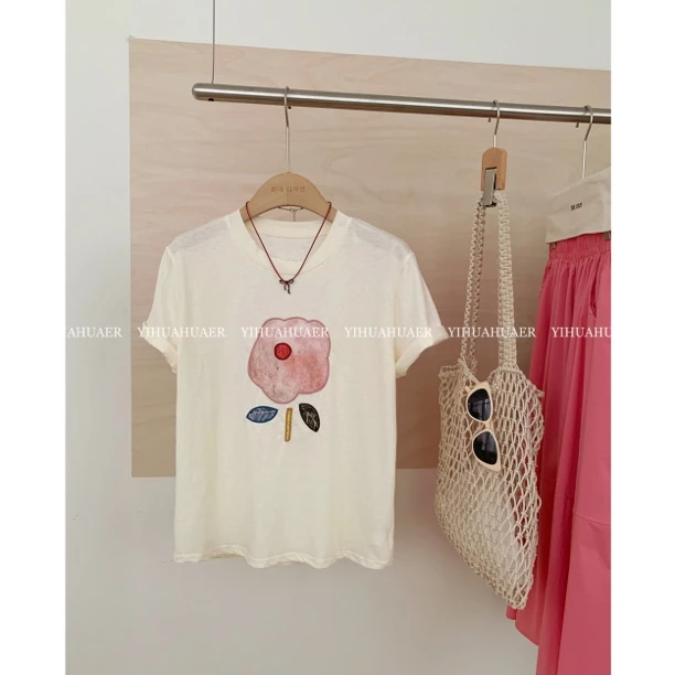 3242【一朵粉花】韩系夏款减龄印花圆领透气雪花棉百搭休闲T恤