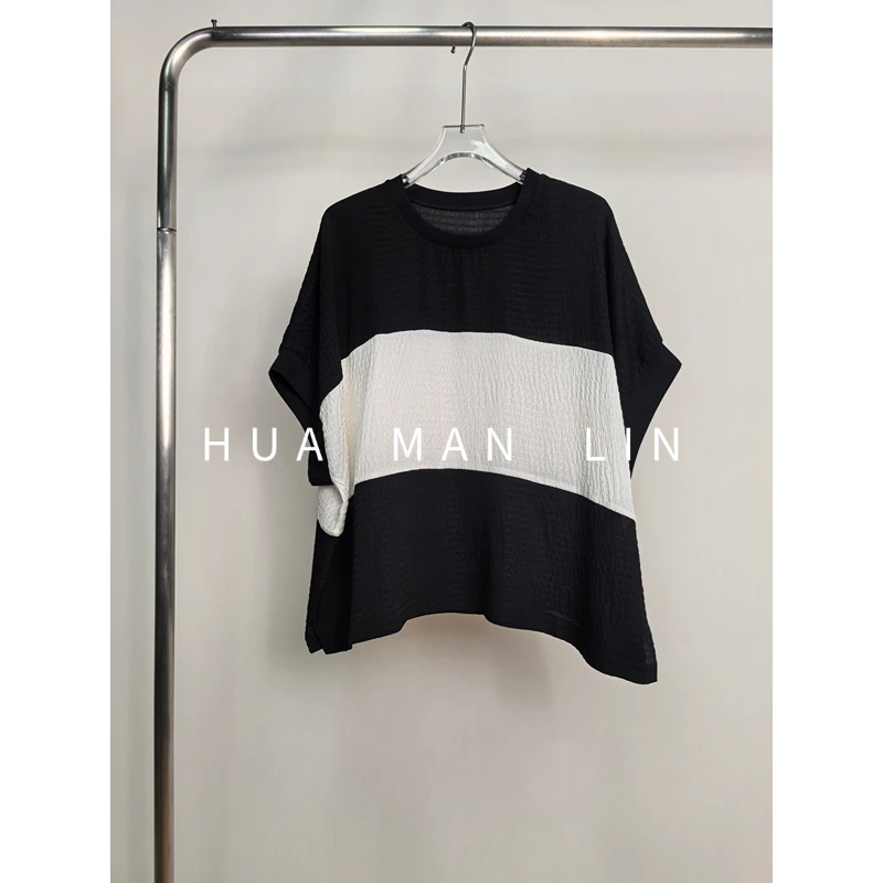 【花滿林】‘黑白配’螺纹圆领时尚拼接真丝桑蚕丝阔版上衣259554