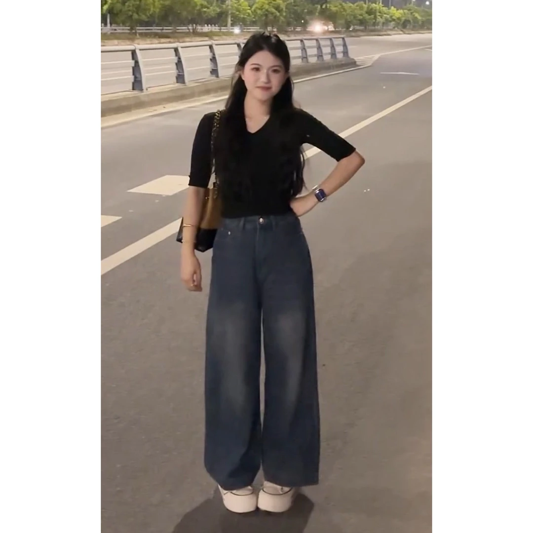 YOO[纯欲风]辣妹V领修身中袖打底衫一复古小个子窄版九分裤151一