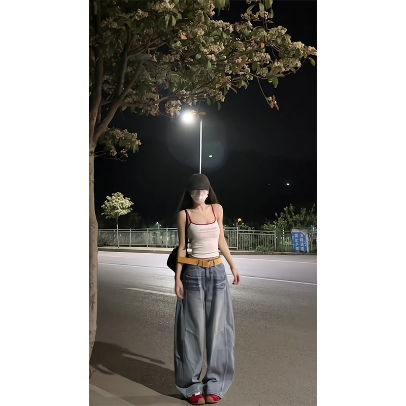 2025新款女士夏季美式字母印花修身显瘦小吊带背心高腰宽松阔腿裤