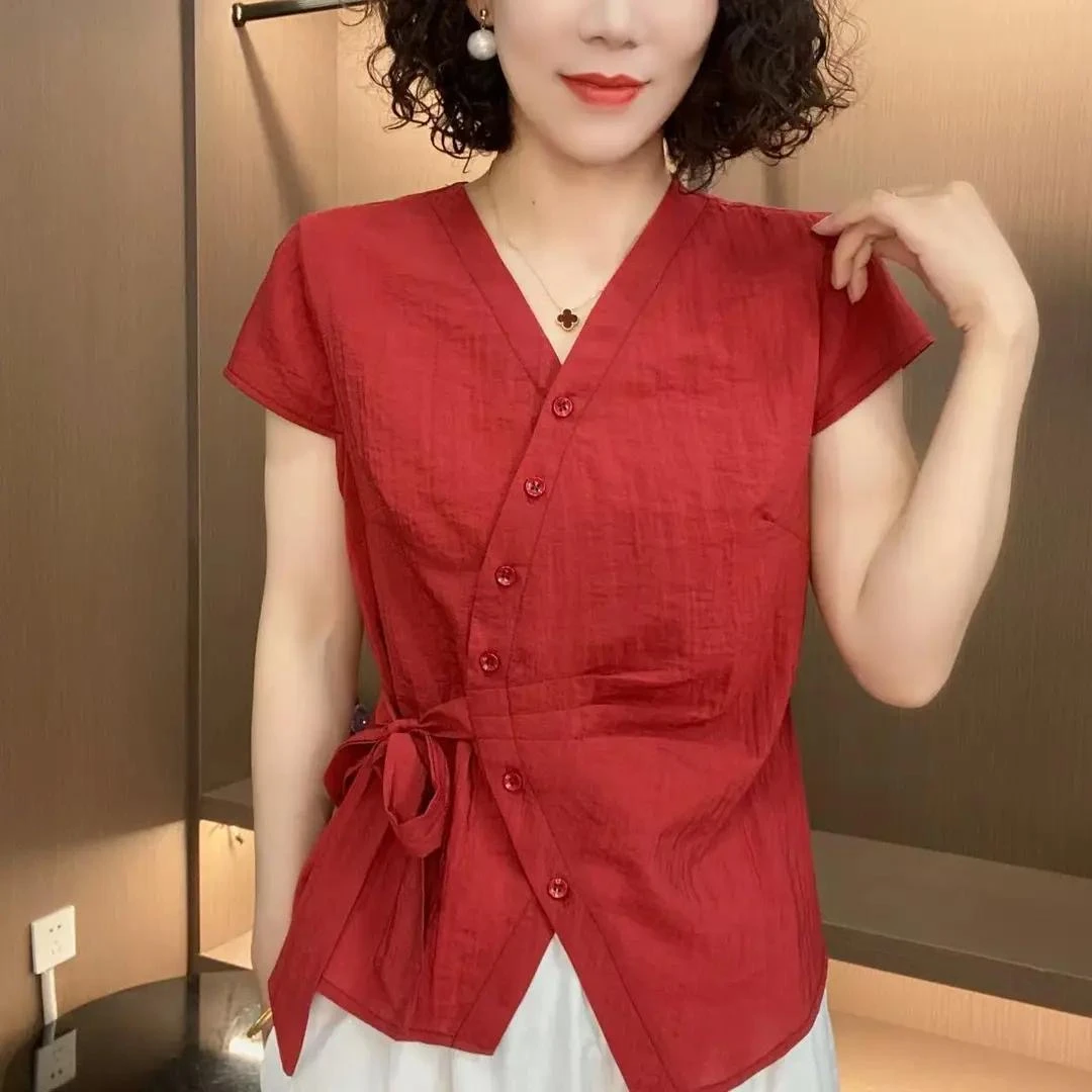 时尚妈妈设计系带短袖2025夏季新款气质洋气减龄显瘦衬衫上衣衬衣