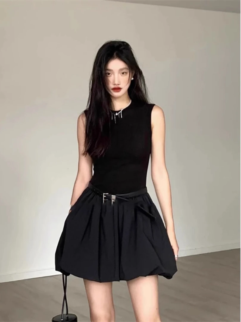 法式小众黑色无袖连衣裙子女夏季小个子气质短裙高级感收腰花苞裙
