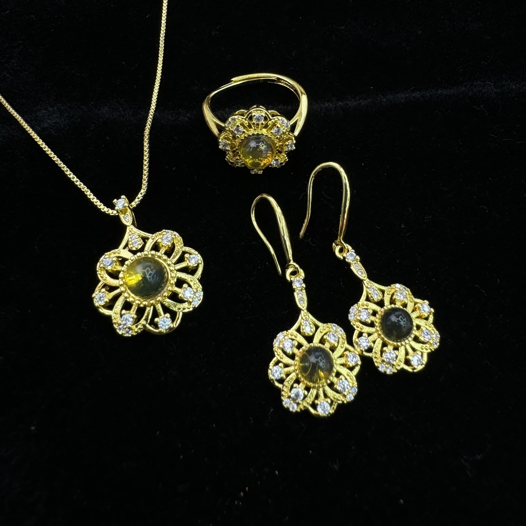 【大杨姐】合金镶嵌 蓝珀吊坠+蓝珀耳坠+蓝珀戒指（DT23560）赠合金链