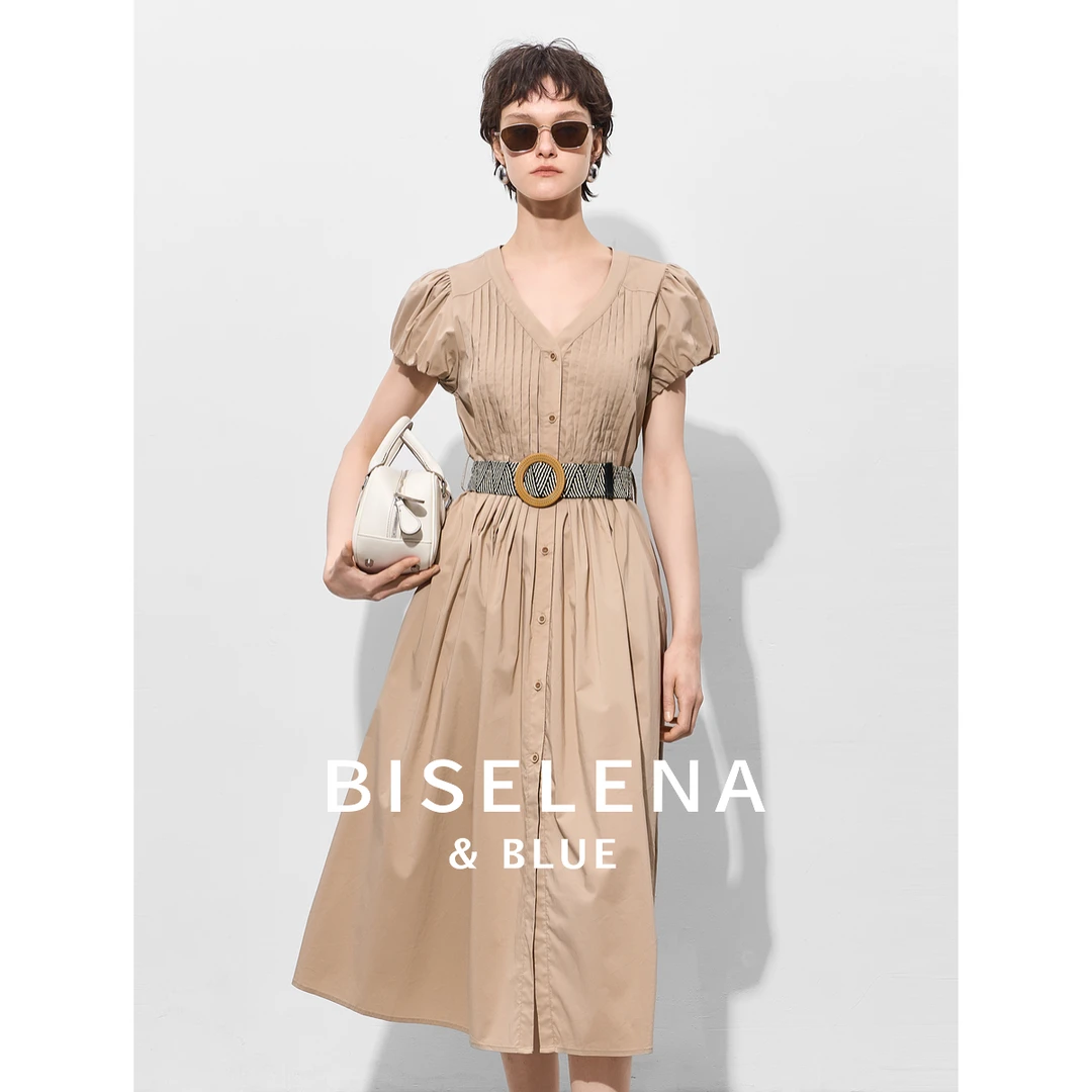 贝茜妮法式度假风琴褶附腰带V领连衣裙