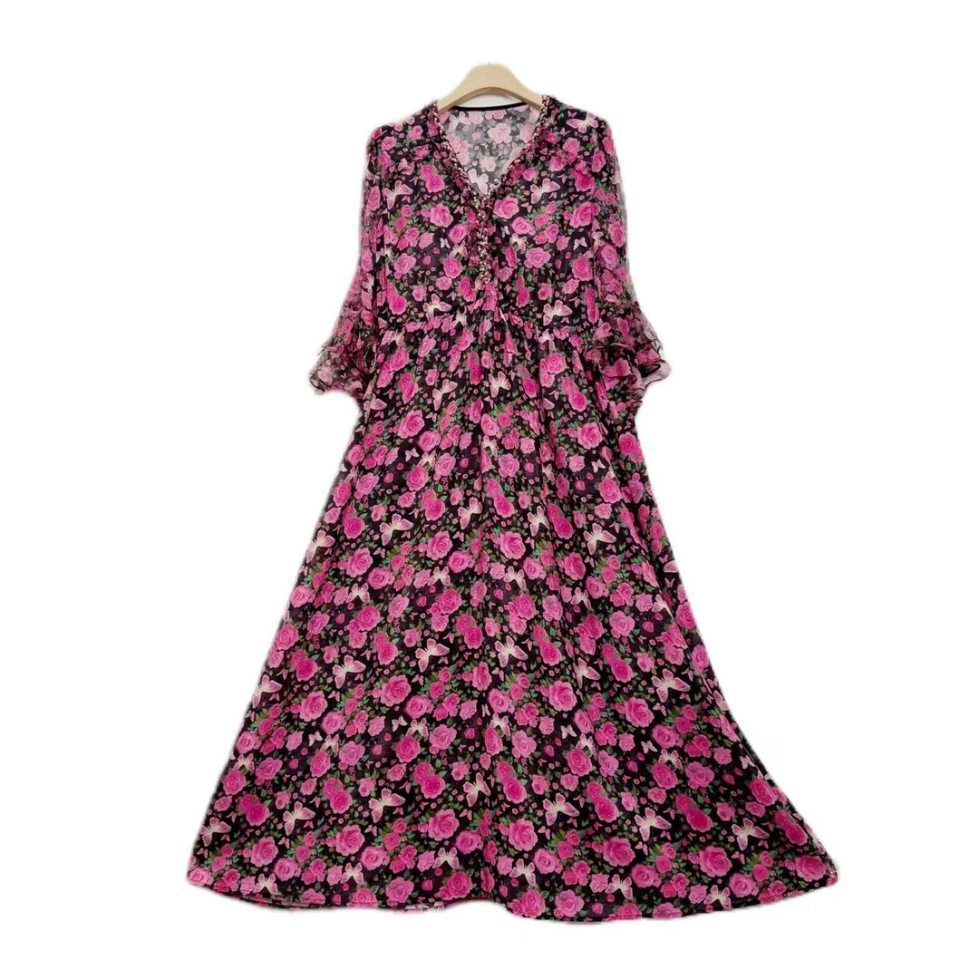 【多米拉】02325-1粉蝴蝶印花松紧腰春季长袖连衣裙女装时尚轻奢