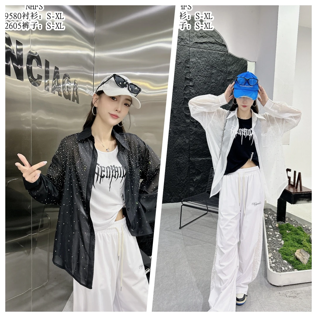 丽娟联盟9580夏季爆款烫钻珠光网纱衬衫