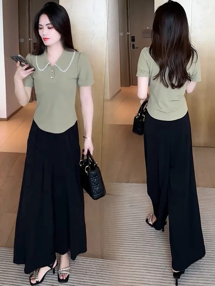 时尚套装女2025夏季新款洋气减龄显瘦短袖T恤阔腿裤休闲两件套潮