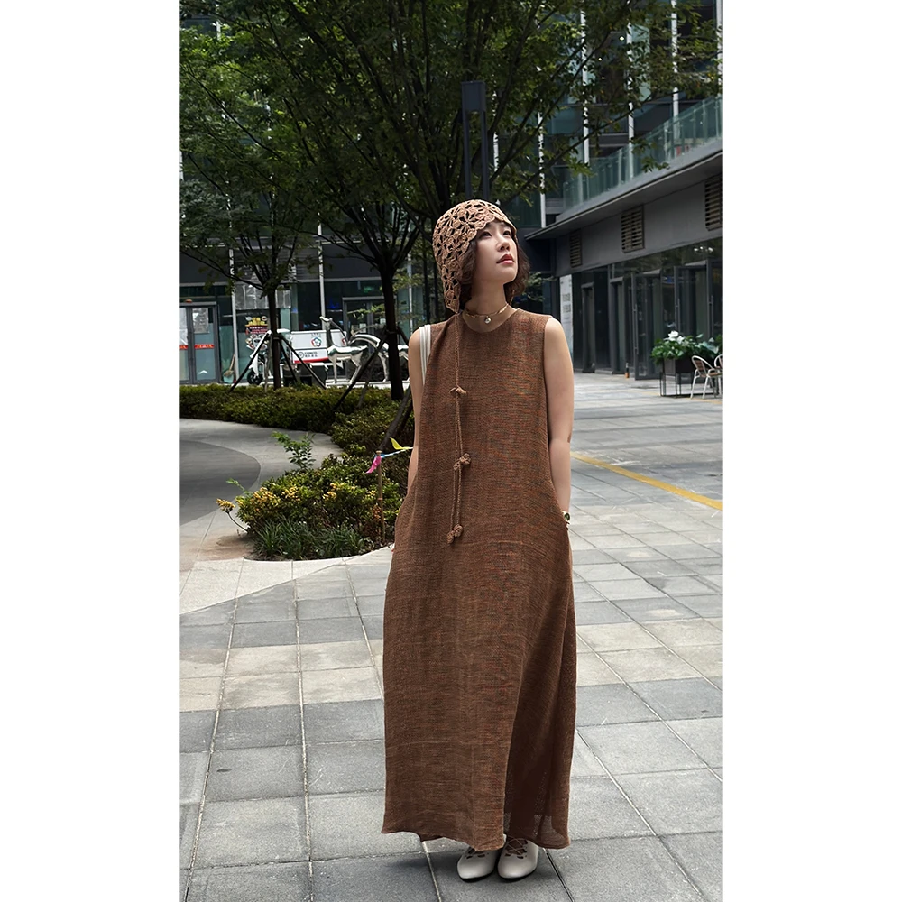 Y【叭哒不惑】金蕉叶 亚麻炒色夏季无袖垂感百搭舒适复古连衣裙