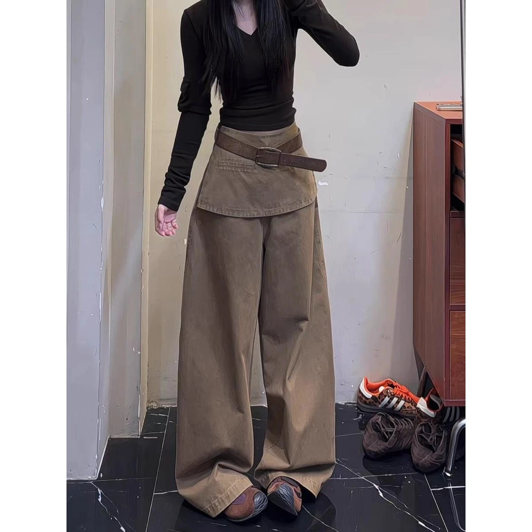 美式复古假两件屁帘阔腿牛仔裤女2025秋季新款宽松百搭休闲工装裤