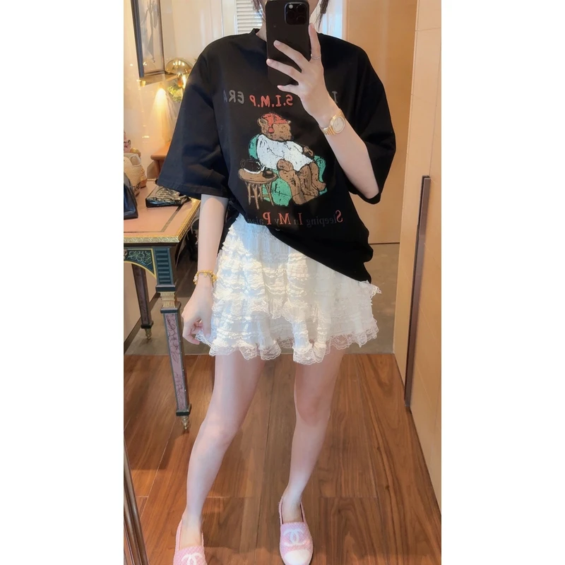 【张静芝】做旧卡通熊字母印花黑色短袖T恤