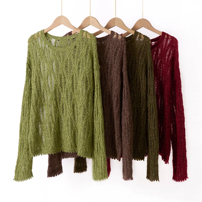 爆款镂空简约慵懒羊绒衫百搭女网红长袖针织衫韩版宽松打底羊毛衫