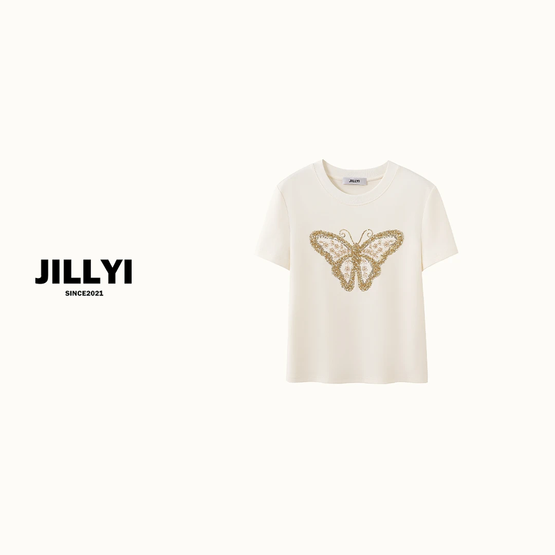 JILLYI南山店【蝴蝶光影】白色圆领亮片翩翩蝴结时尚T恤