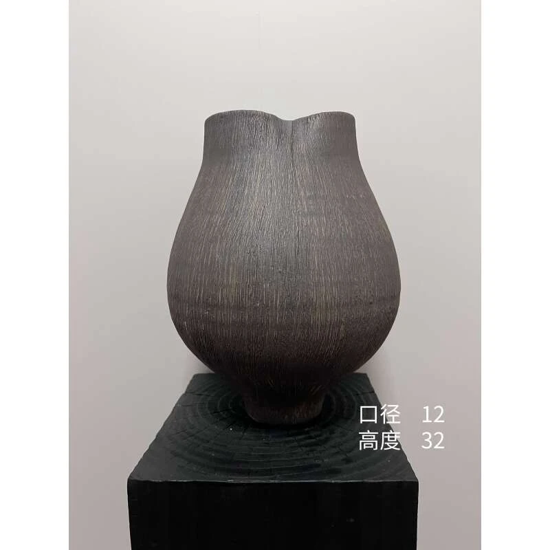 景德镇高温手工花瓶口径12  高32纯手工粗陶禅意