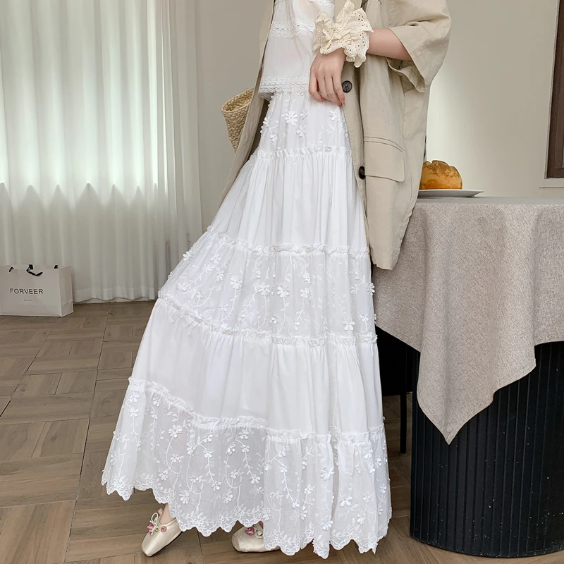 TUBREIT/图百年新款刺绣白色拼接半身裙气质显瘦炸街长裙半裙a字