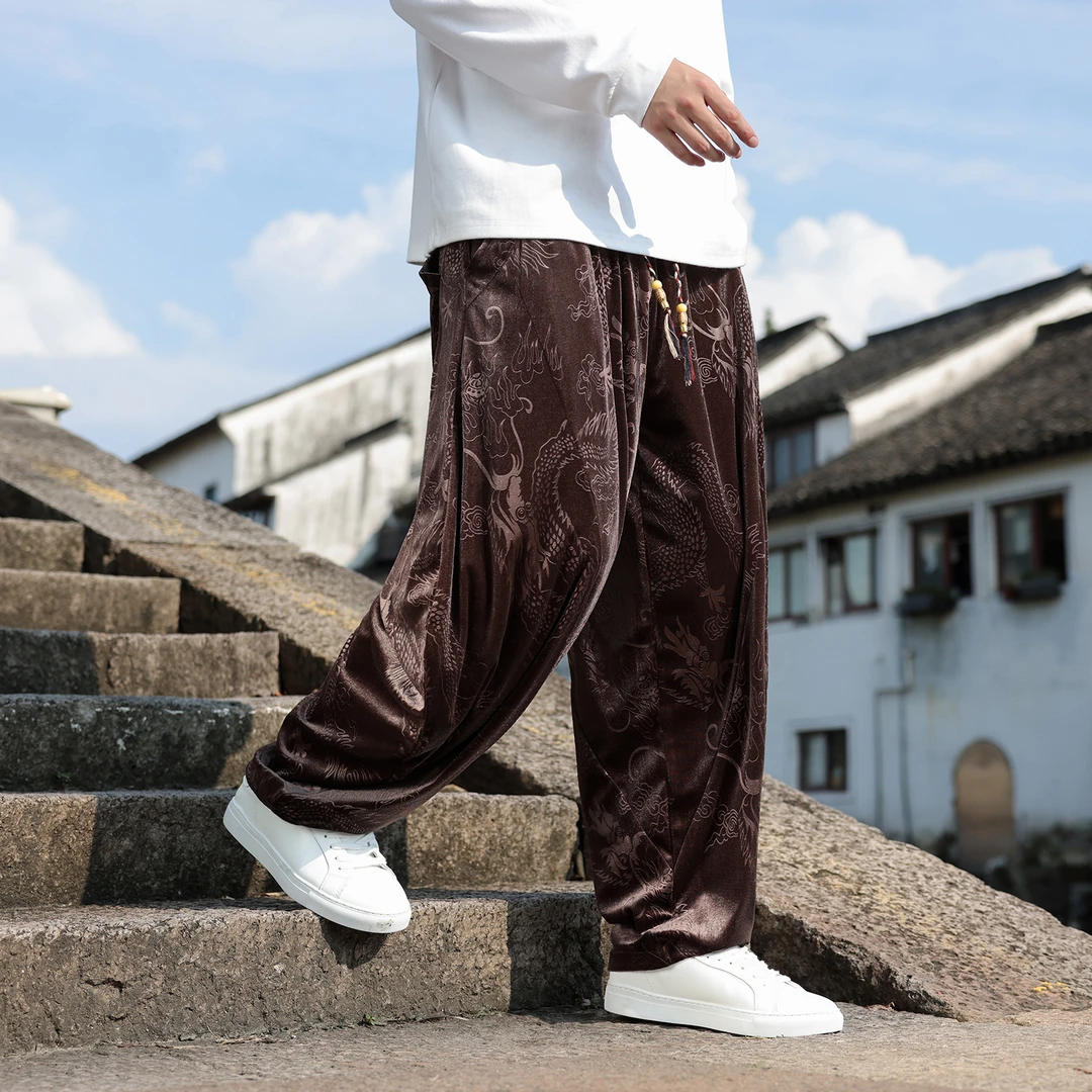 棕咖色金丝绒长裤男款中国风直筒休闲裤大码宽松新中式汉服阔腿裤