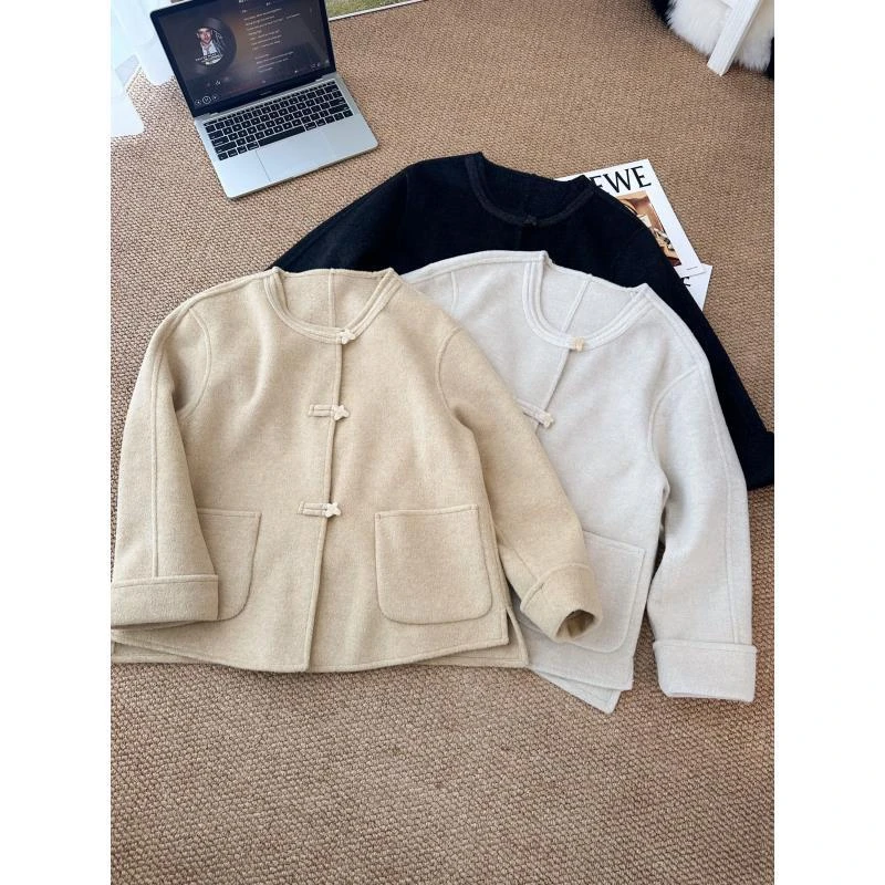 【蝴蝶扣毛呢大衣】小个子双面口袋新中式圆领时尚秋冬外套开衫女