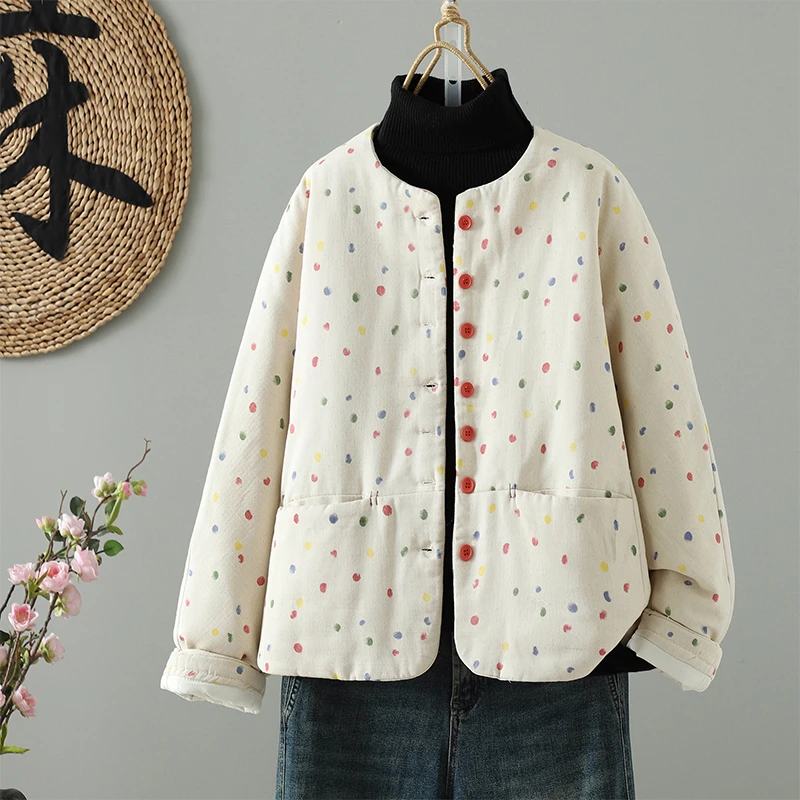 2025秋冬季新款新中式复古印花波点棉衣休闲国风加厚棉服外套女