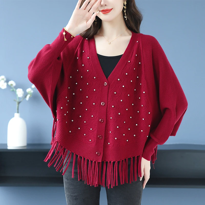 钉珠针织开衫春秋宽松大码遮肚子上衣时髦时尚洋气流苏毛衣外套女