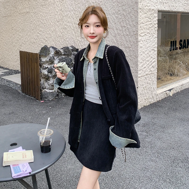 复古灯芯绒外套短裙两件套黑色牛仔拼接西装套装裙女装秋冬高级感