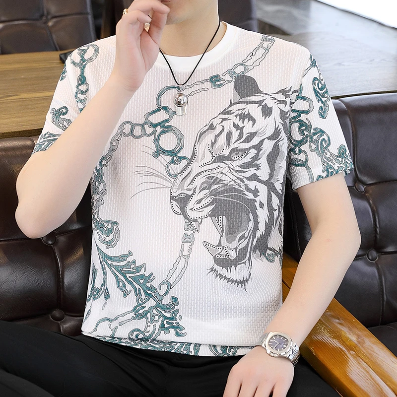 2025年男士中青年短袖霸气T恤虎头贴钻夏季潮流大码上衣宽松半袖