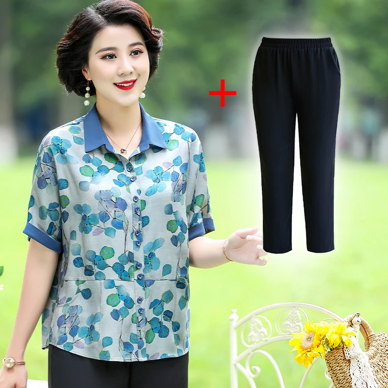 t恤衫夏季新款高贵洋气中老年人女装凉爽透气雪纺小衫妈妈装中年