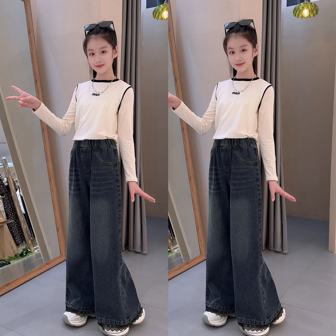 女童儿童洋气中腰中大童秋休闲风套头常规秋季牛仔裤阔腿裤套装