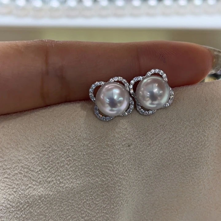 银S925镶嵌耳饰海水珍珠8-9mm26号