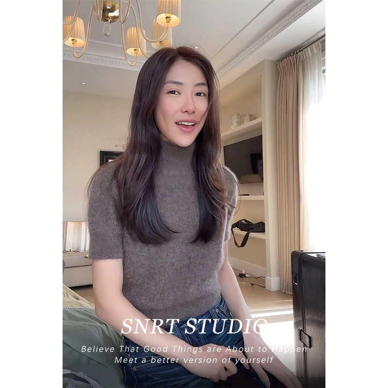 法式复古高领修身毛衣短袖打底衫女秋季简约百搭小个子针织衫上衣