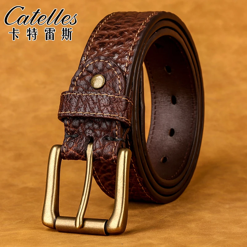 CATELLES铜扣加厚头层牛皮40-50岁男士皮带中青年休闲牛仔裤腰带