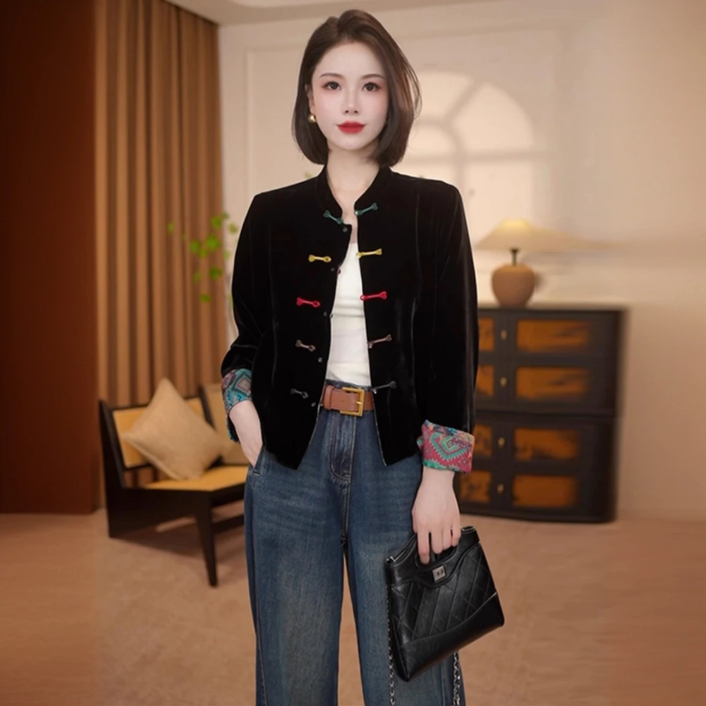 新中式丝绒衬衫女2025秋季新款洋气显瘦小个子国风盘扣双面穿外套