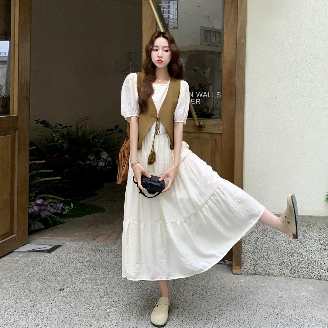 法式温柔风白色连衣裙套装女2025夏季新款复古流苏气质马甲两件套