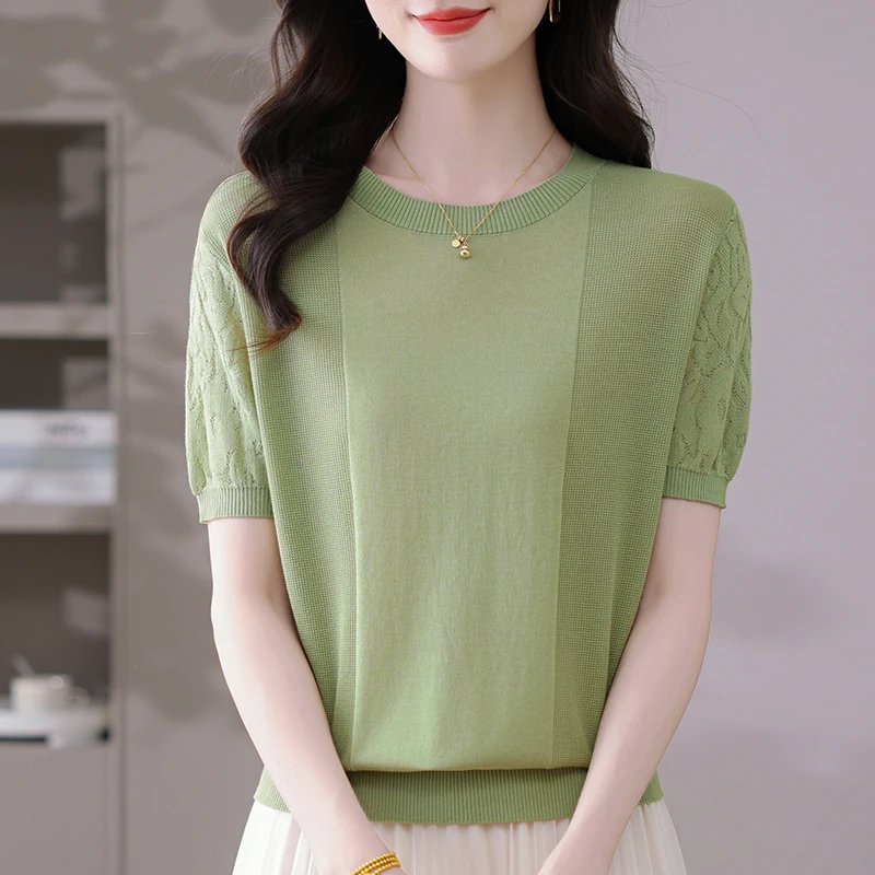 哥弟阿玛施正妈妈夏装桑蚕丝短袖t恤女薄款新款圆领冰丝针织上衣