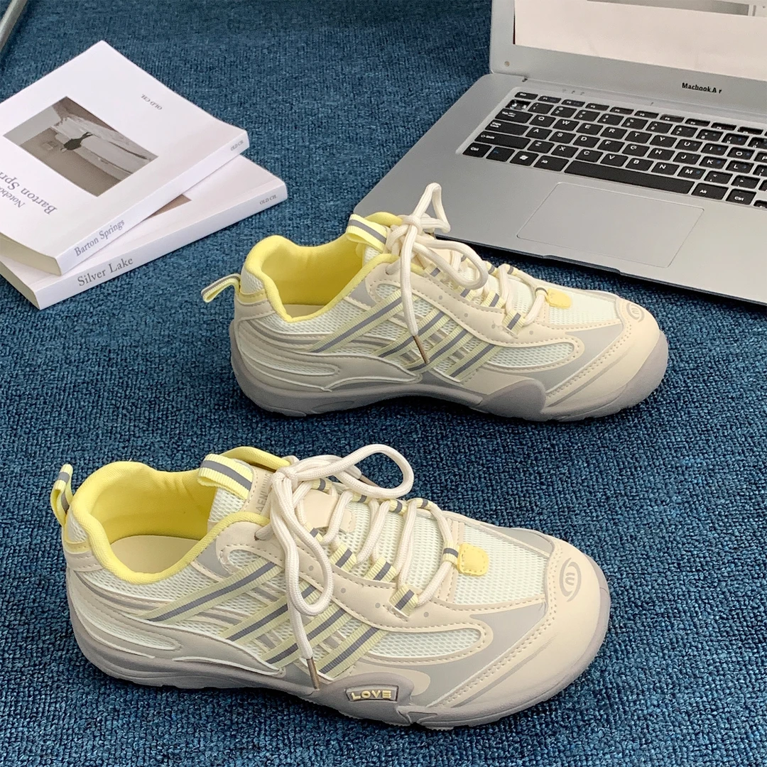 平底系带网面透气休闲鞋女2025秋季新款内增高赛车运动鞋百搭女鞋