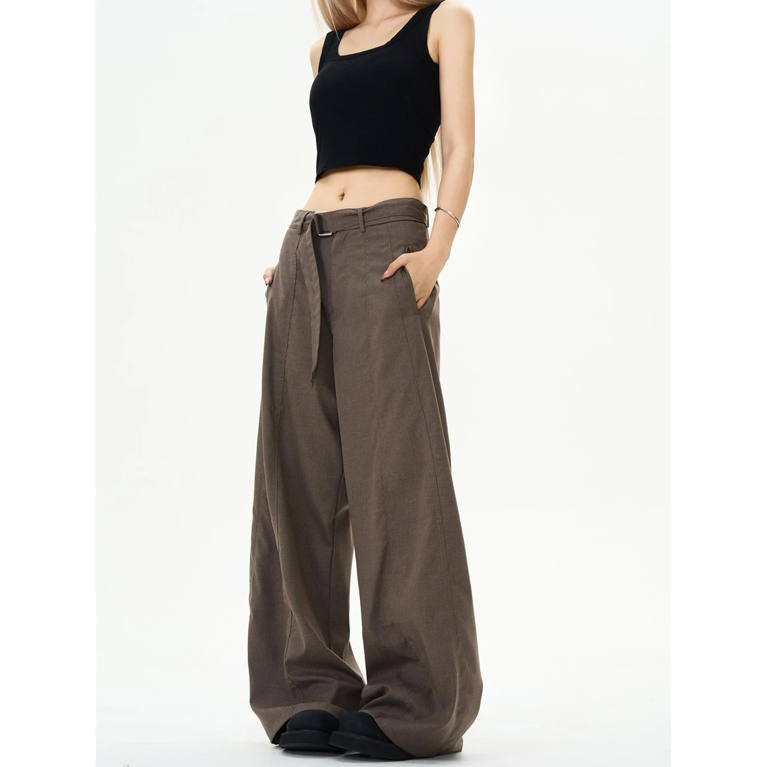 美式复古自带腰带休闲裤西裤男女宽松直筒垂感阔腿长裤子显瘦高腰