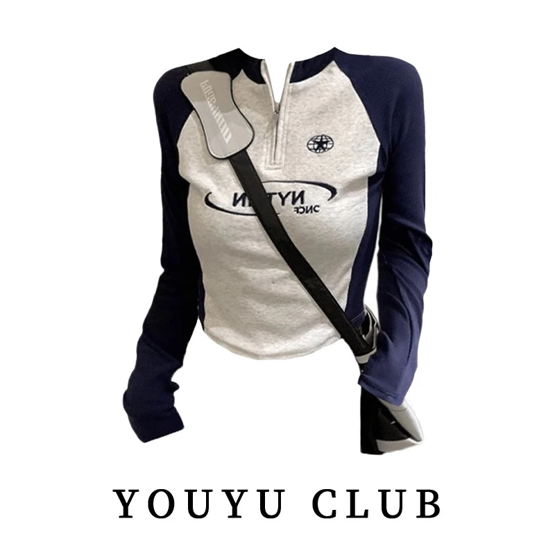 女T恤长袖春季字母修身拉链内搭打底衫短款拼接上衣大码胖mm正肩