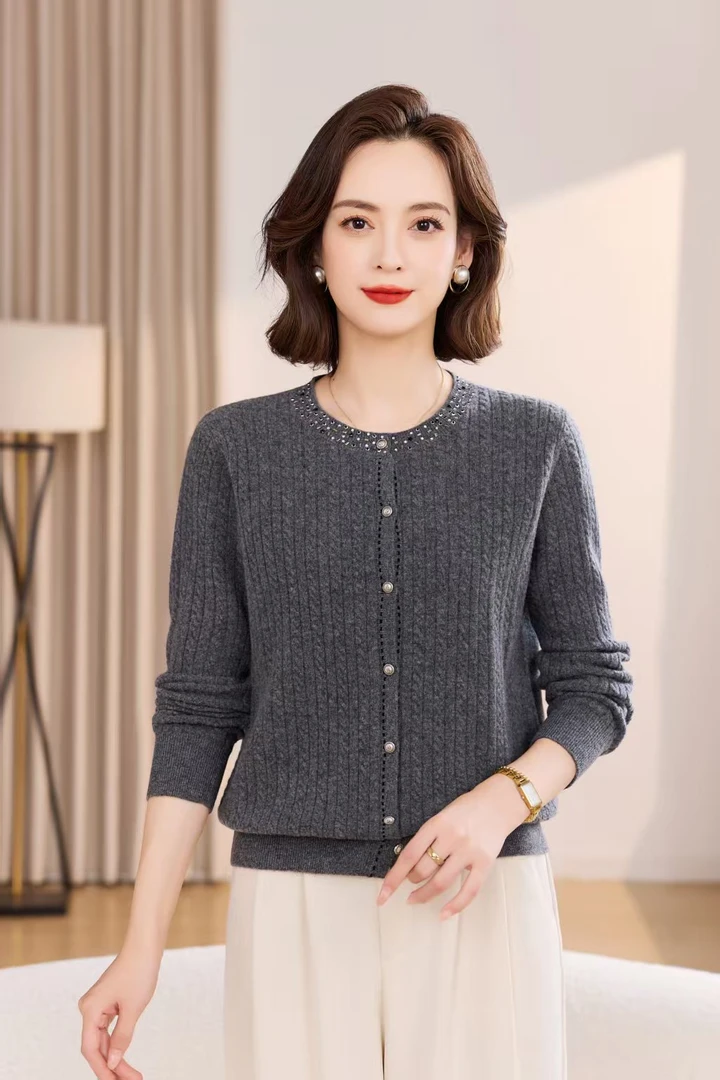 100%绵羊毛女款纯色圆领针织开衫纯色女毛针织衫女装纯羊毛衫毛衣