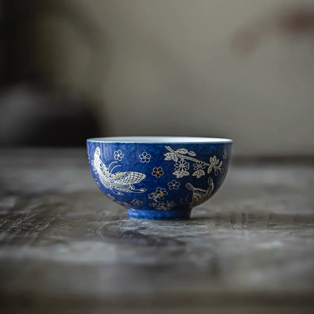 茶杯洒蓝釉蝶舞陶瓷家用功夫茶具主人杯蝶恋花品茗杯