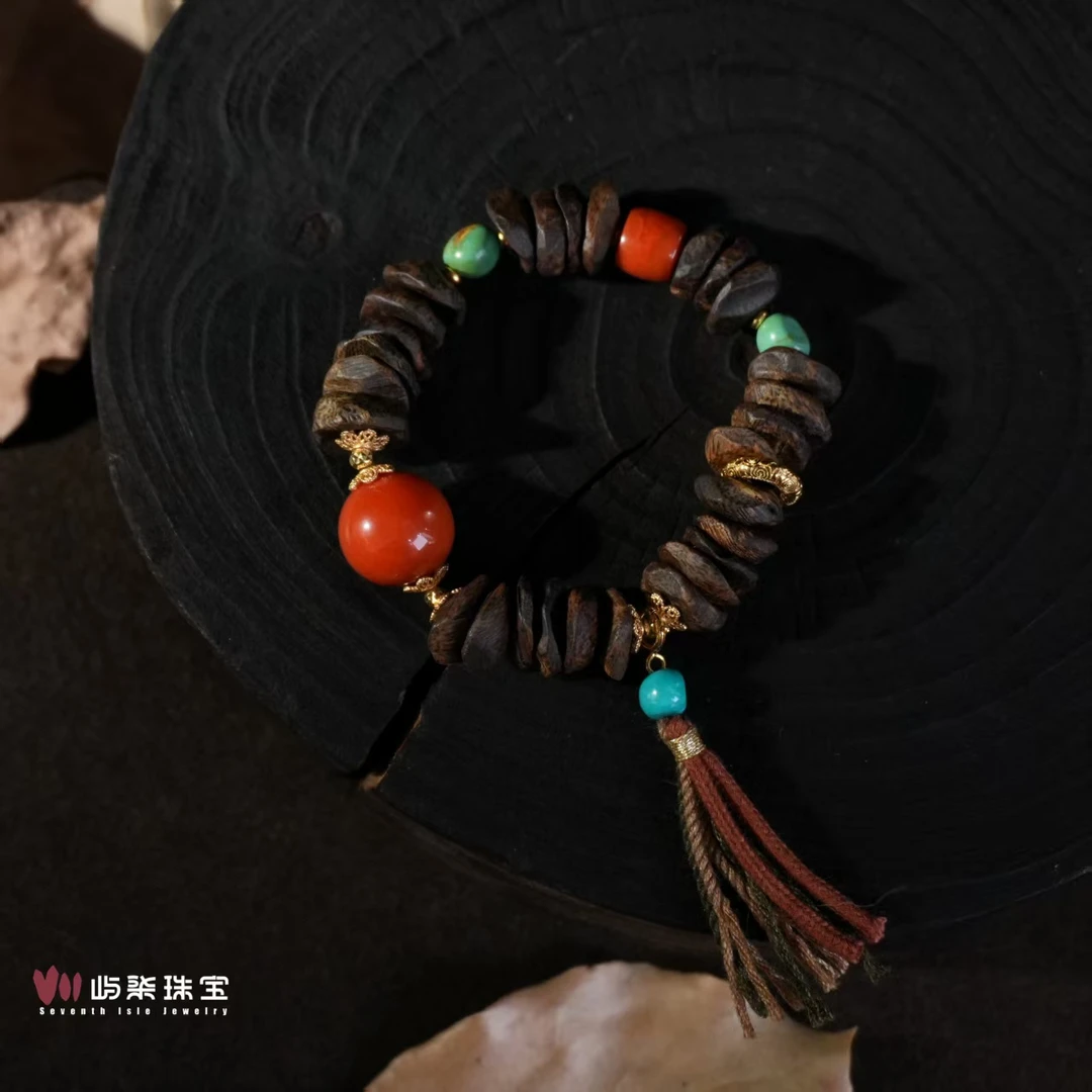 F235 玛瑙银925镶嵌 南红双珠多片流苏手串