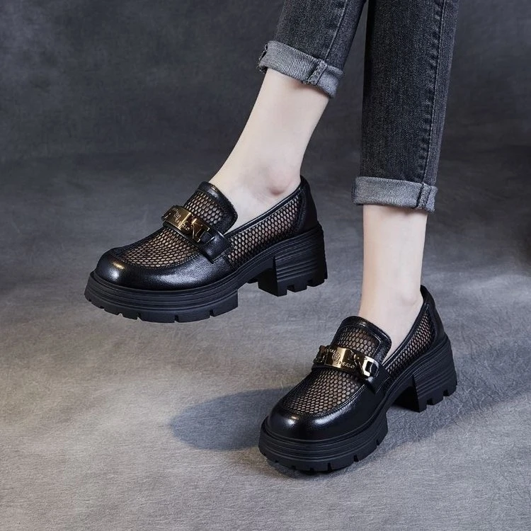 网纱厚底乐福鞋女2025年新款一脚蹬女鞋夏款英伦风小皮鞋镂空单鞋